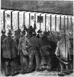 A line drawing of a crowd of people, mostly in European dress, gathered outside the bars of a bank. Inside the bank one Chinese man is writing down characters as they are read out. The Chinese characters are depicted very poorly.