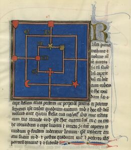 Page from a manuscript with a Nine Men’s Morris board on it.