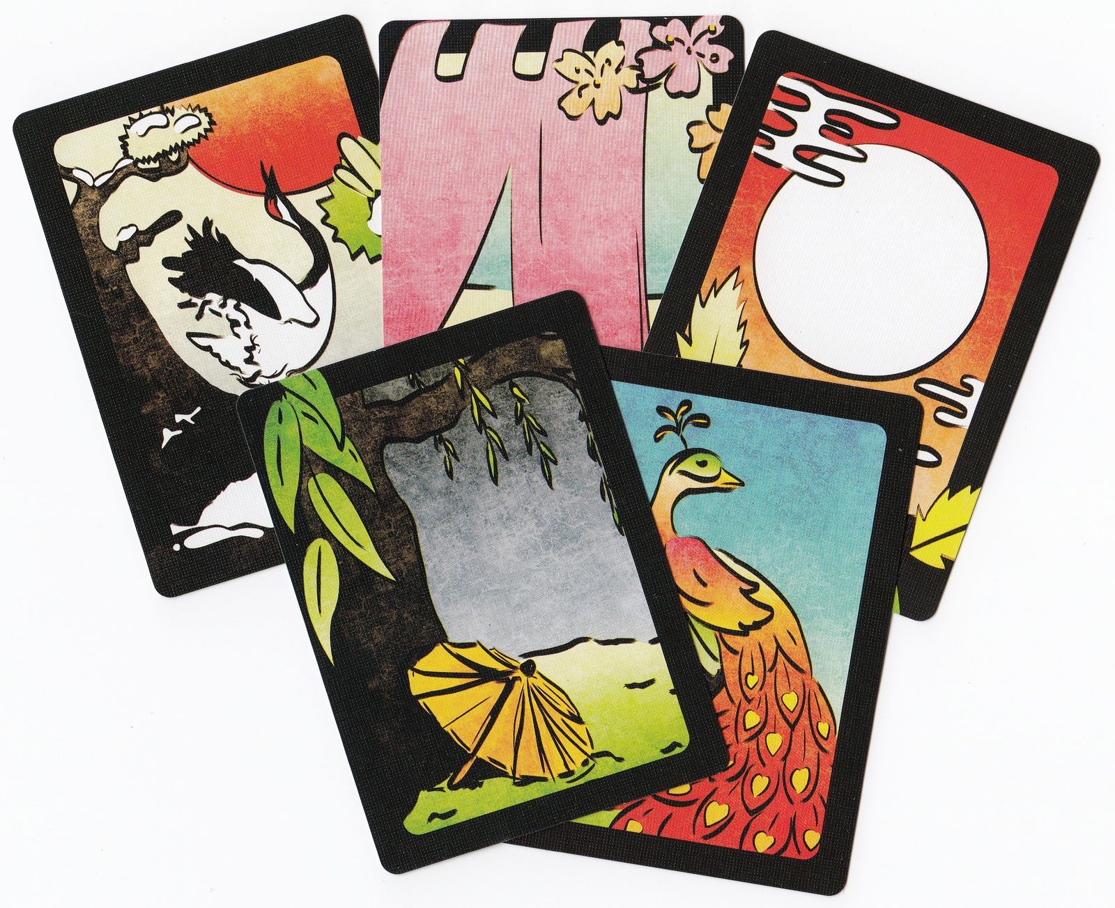 Five hanafuda cards drawn in a minimalistic but realistic style.