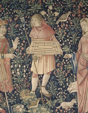 A peasant boy holding a Nine Men’s Morris board.
