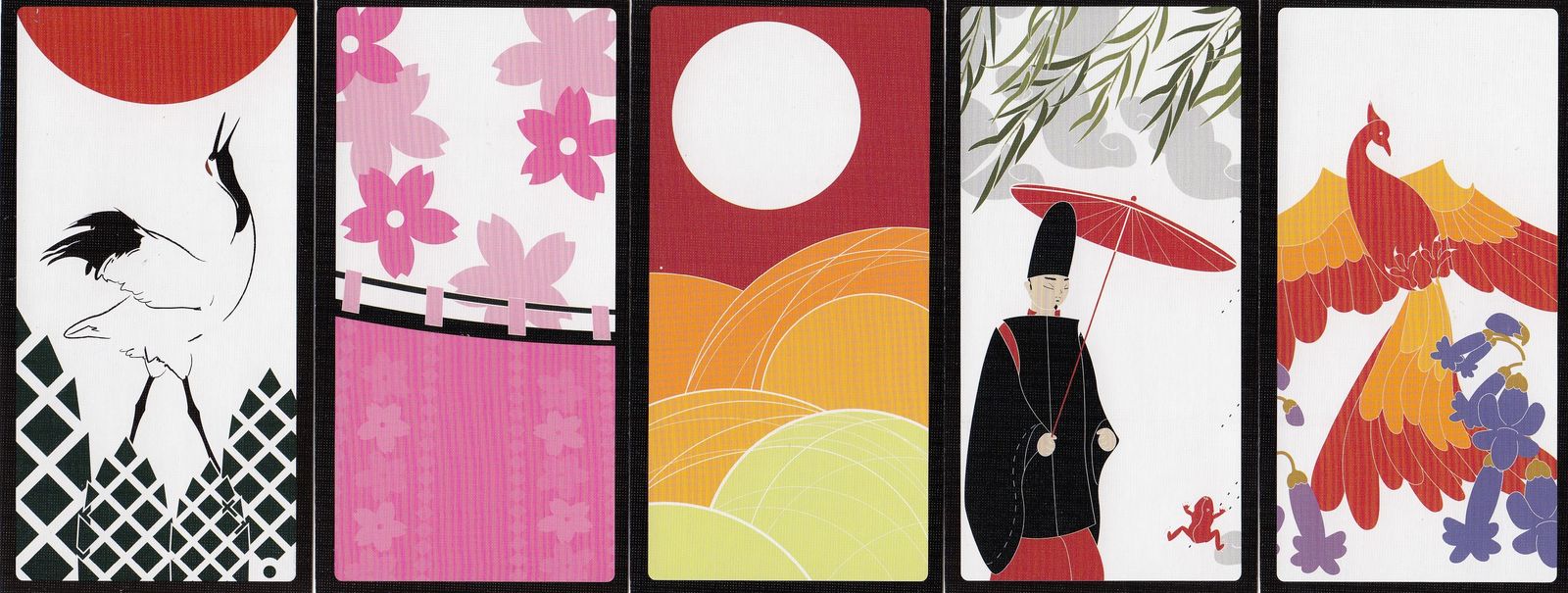 Five playing cards, the first with a crane with its neck arched back and pine trees patterened with criss-crossing stripes, the second with cherry blossoms behind a curtain bearing a cherry blossom pattern, the third of a white moon in a red sky over circular hills in orange and yellow, the fourth with a man holding an umbrella and standing under a willow tree watching a frog, and the fifth with a Japanese phoenix beating its wings over realistically-shaped Paulownia flowers.