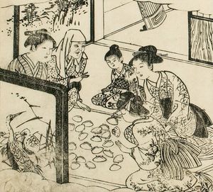 A grandmother, a mother, two young women, and a child sitting in a circle around shells on a tatami mat.