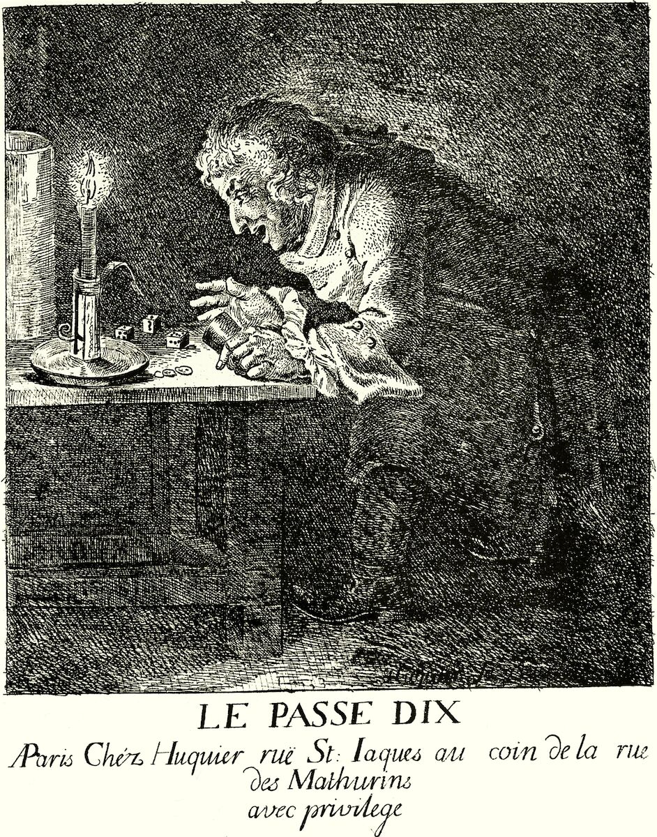 A drawing of a man bending over a table and rolling three dice by candlelight. He looks ecstatic.