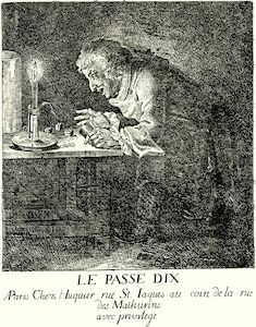 A drawing of a man bending over a table and rolling three dice by candlelight. He looks ecstatic.