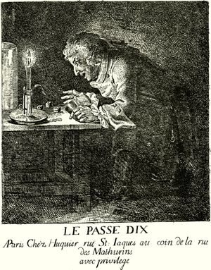 A drawing of a man bending over a table and rolling three dice by candlelight. He looks ecstatic.