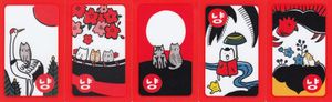 The 5 brights of the Nyangtu deck, featuring cats interposed into the traditional cards.