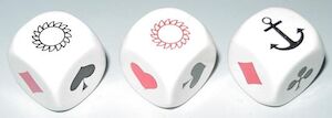 Three dice bearing the symbols of the sun, anchor, and playing card symbols.