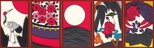 Five Hanafuda cards: the crane, cherry curtain, moon, rain-man, and phoenix.