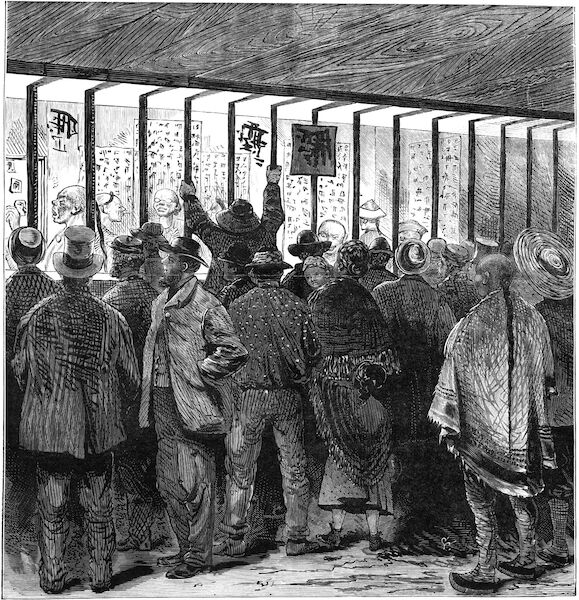 A line drawing of a crowd of people, mostly in European dress, gathered outside the bars of a bank. Inside the bank one Chinese man is writing down characters as they are read out. The Chinese characters are depicted very poorly.