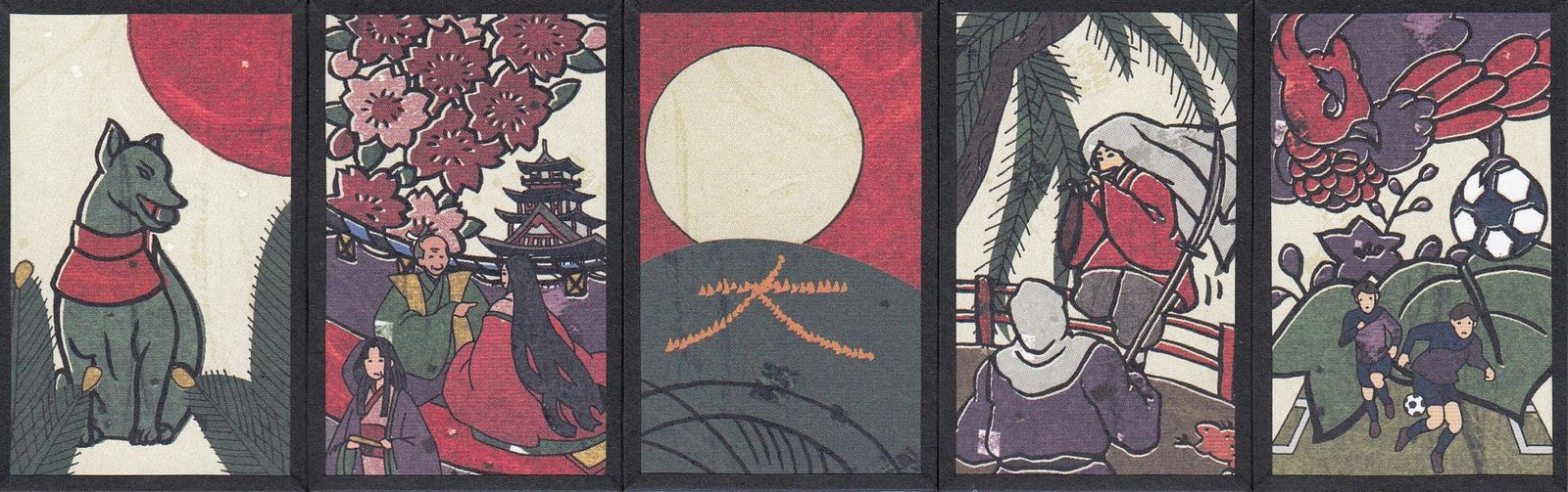 Five hanafuda cards with depictions of landmarks and various aspects of Kyōto life.