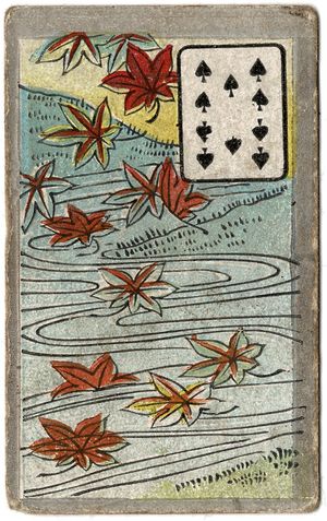 A combination Hanafuda-Western playing cards tobacco card with maple leaves floating on water, and the 10 of spades.
