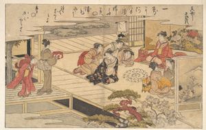 Ladies in elaborate traditional Japanese dress sitting in a circle around shells that are arranged face-down on the floor.