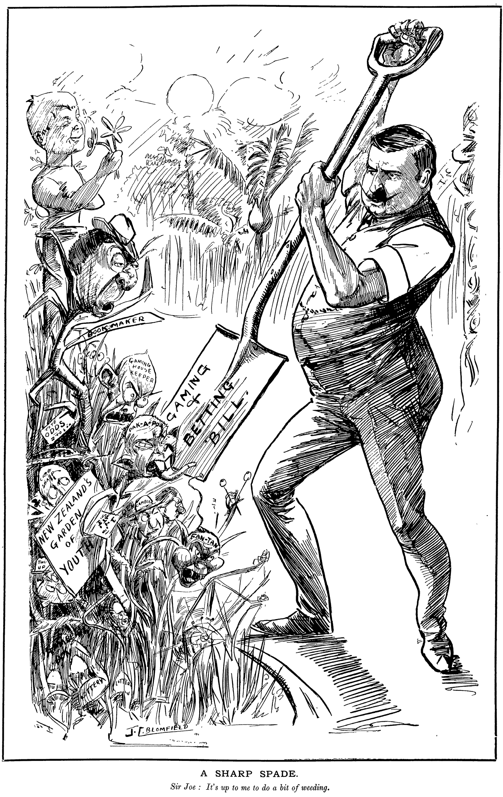 A cartoon: a man wielding a spade reading 'gaming & betting bill' is using it to dig out 'weeds' from 'New Zealand's garden of Youth'. A European-looking weed is labelled 'bookmaker', and Chinese-faced ones are labelled 'gaming house keeper', 'pak-a-poo', 'fan-tan'. There are mushrooms labelled 'lottery'. The caption reads 'A Sharp Spade', then 'Sir Joe: it's up to me to do a bit of weeding'.