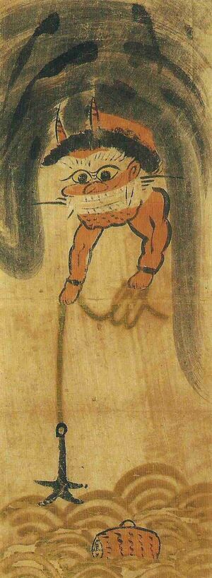 A grinning ogre in a cloud lowers an anchor towards a Taiko drum floating in the ocean.