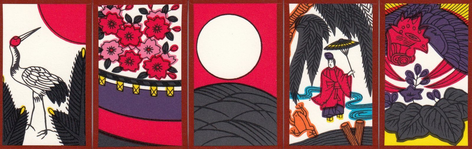Five Hanafuda cards: the crane, cherry curtain, moon, rain-man, and phoenix.