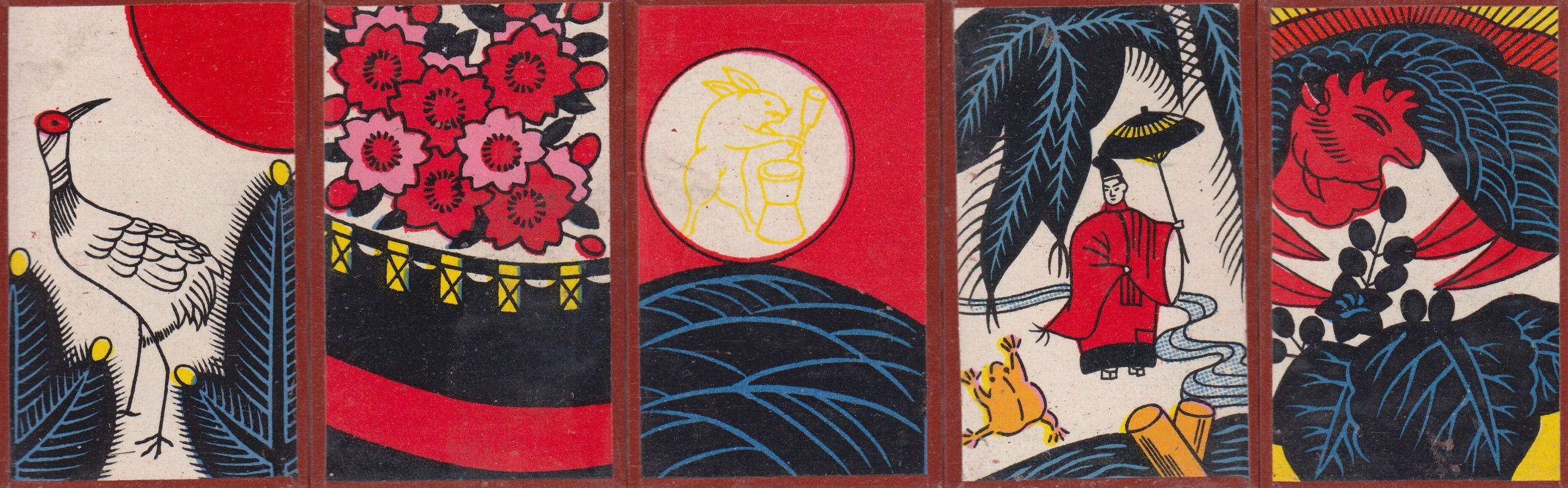 Five Hanafuda cards, which have thin blue lines showing detail in the black areas, unlike standard Hanafuda cards.