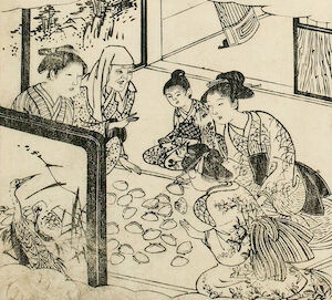 A grandmother, a mother, two young women, and a child sitting in a circle around shells on a tatami mat.