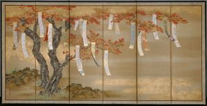 A screen with a painting of a maple tree in autumn colours, and many tanzaku hanging from its branches.