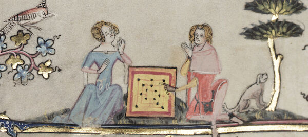 A man and woman sitting either side of a morris board.