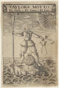 A man standing upon a rock, straddling a globe, with a churning sea around him. He is looking at the sun.