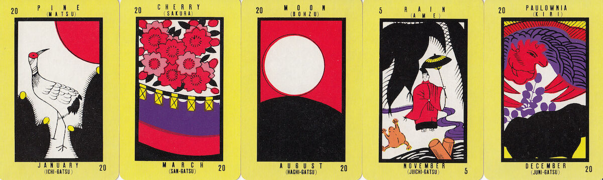 Five hanafuda cards with points which are marked with values listed in the corners, the flower listed at top, and the month listed at bottom.