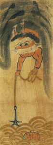 A grinning ogre in a cloud lowers an anchor towards a Taiko drum floating in the ocean.