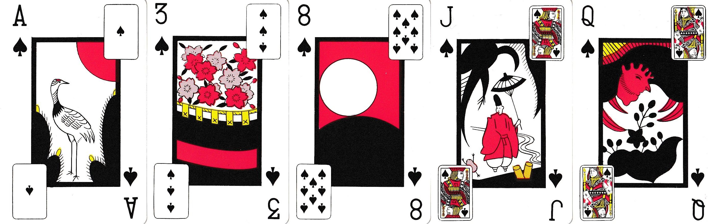 Five playing cards with the Hanafuda design in center and a corresponding Western card depicted in the corners that are not occupied by the card indices.