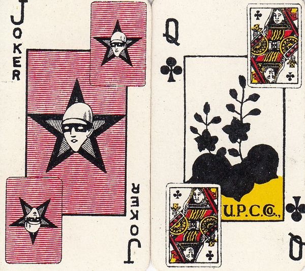 Two small playing cards, the first a joker with a person in a robber-mask inside a star shape, and the second a paulownia card with yellow background and the words “U.P.C. Co.”