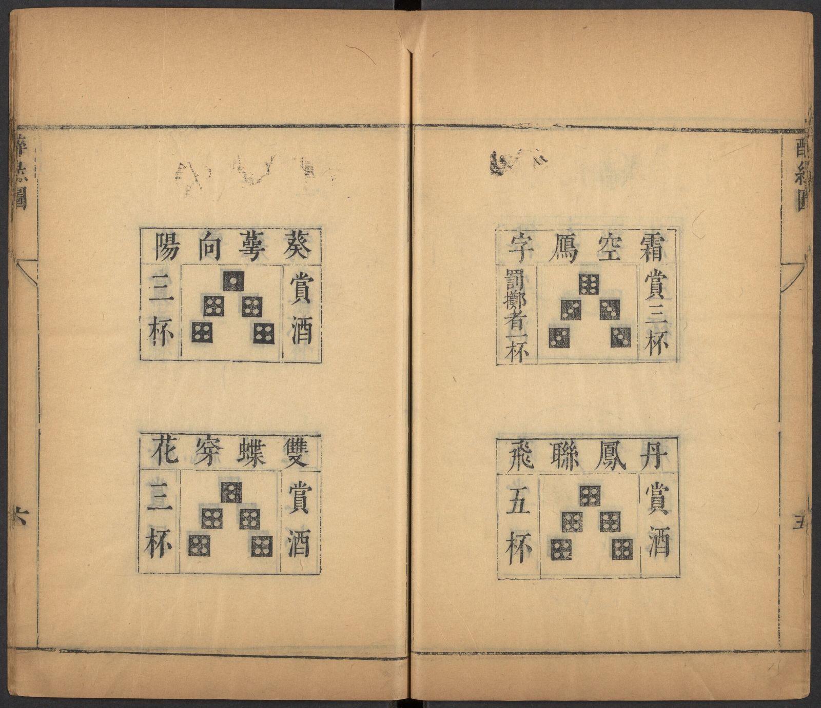 Pages from a book with four diagrams of dice rolls in pictorial form and Chinese writing around each diagram indicating the name and outcome of the roll.