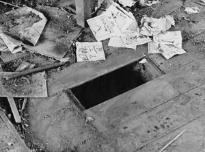 A photograph of a dirty floor with a missing floorboard. Around the hole lie used tickets.