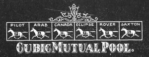 A layout board titled Cubic Mutal Pool and with six cells with horses depicted, named: Pilot, Arab, Canada, Eclipse, Rover, and Saxton.