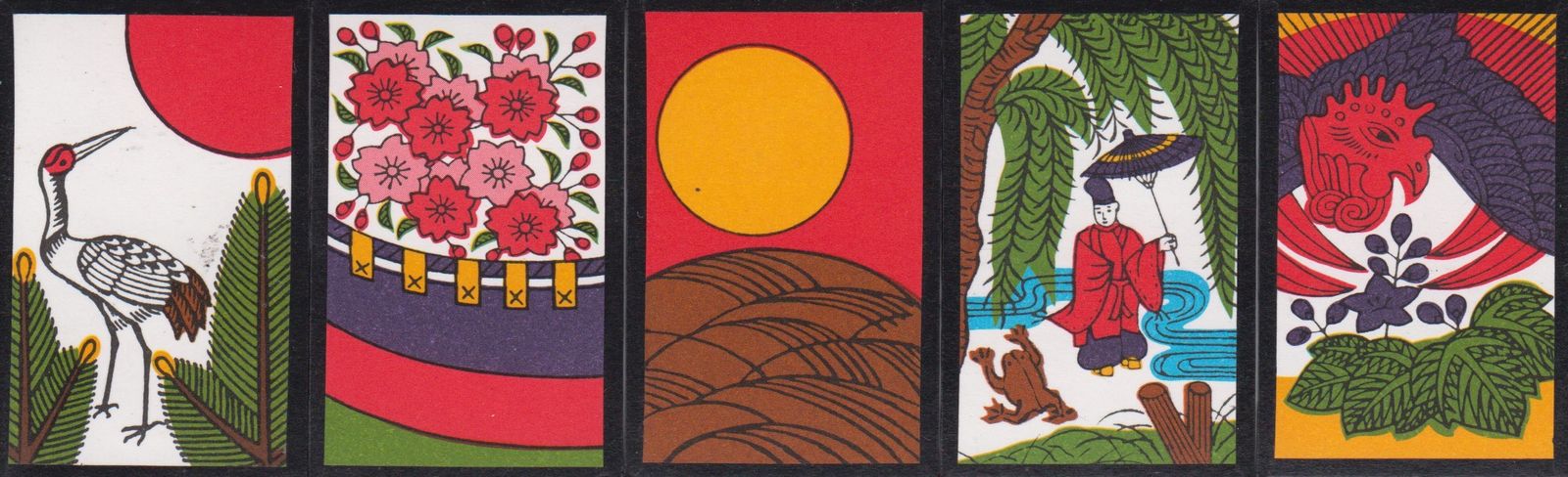 Five hanafuda cards with very bold colours, unlike normal hanafuda cards.