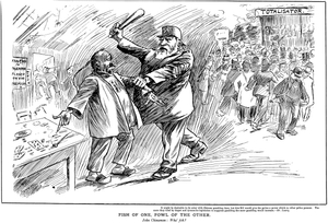 A cartoon: a policeman threatens a Chinese man running a fan-tan/pak-a-poo shop, whilst behind him European men attend the totalisator without penalty. The caption reads 'it might be desirable to do away with Chinese gambling dens, but this Bill would give the police a power which no other police possess. The more they tried by tinpt and tyrannous legislation to suppress gambling the more gambling would increase.—Mr. Lawry', then 'Fish of One, Fowl of the Other', then 'John Chinaman: wha' foh?'