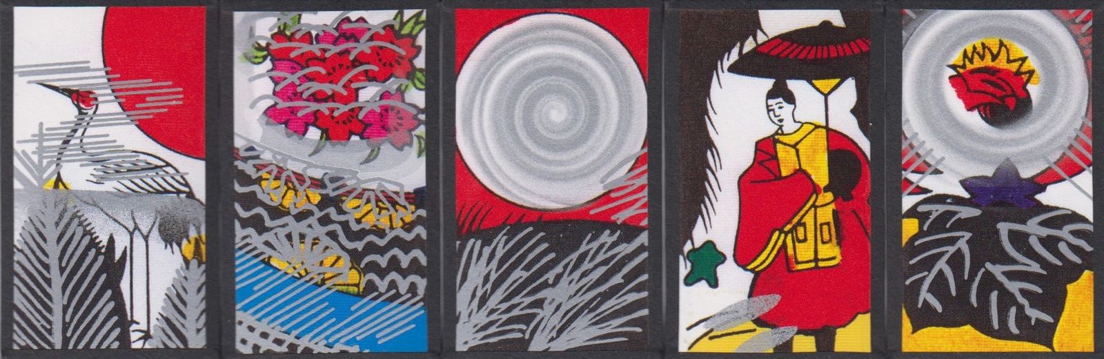 Five hanafuda cards with bright colours and overpainted with silver.