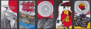 Five hanafuda cards with bright colours and overpainted with silver.