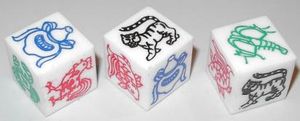 Three dice bearing the symbols of the Thai version of the game.