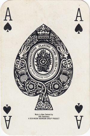An ace of spades with text reading ‘Made under licence from Waddington’s Playing Card Co Ltd. Made in New Zealand by DRG Stationery. A Dickinson–Robinson Group Product.’