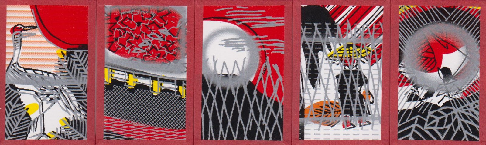 Five hanafuda cards which are overpainted in silver and gold paints in various patterns, obscuring the details.