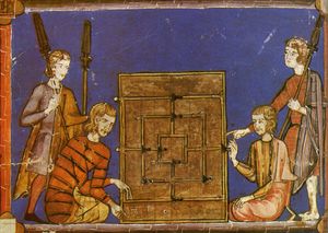 A manuscript drawing of two men sitting beside a morris board with pieces and dice on it, while their attendants hold their spears.