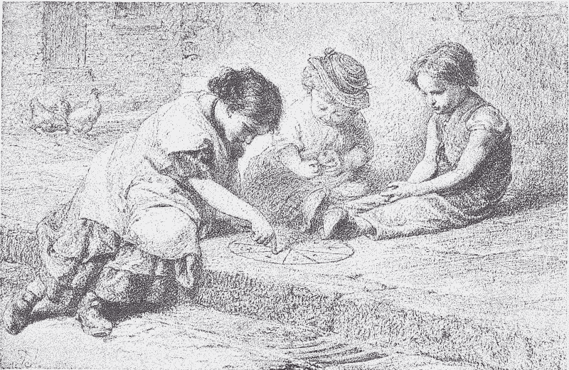 A drawing of children playing â€˜tick-tack-toeâ€™ on a circular board drawn on the sidewalk.